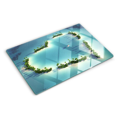 Tagliere in vetro con stampa raffigurante un'isola paradisiaca con palme