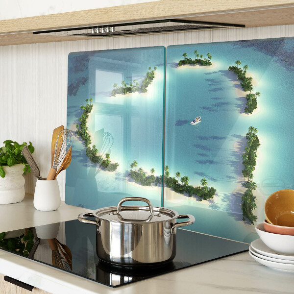 Tagliere in vetro con stampa raffigurante un'isola paradisiaca con palme