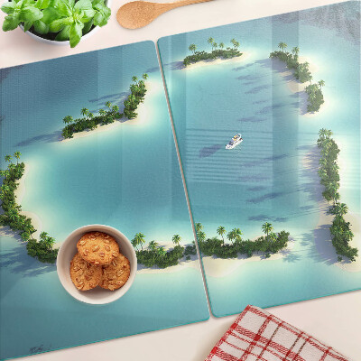 Tagliere in vetro con stampa raffigurante un'isola paradisiaca con palme
