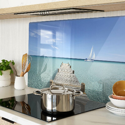 Tagliere in vetro temperato con stampa del pontile sul mare turchese