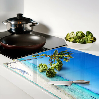 Tagliere in vetro temperato con stampa della spiaggia con palma