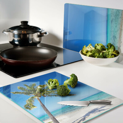 Tagliere in vetro temperato con stampa della spiaggia con palma