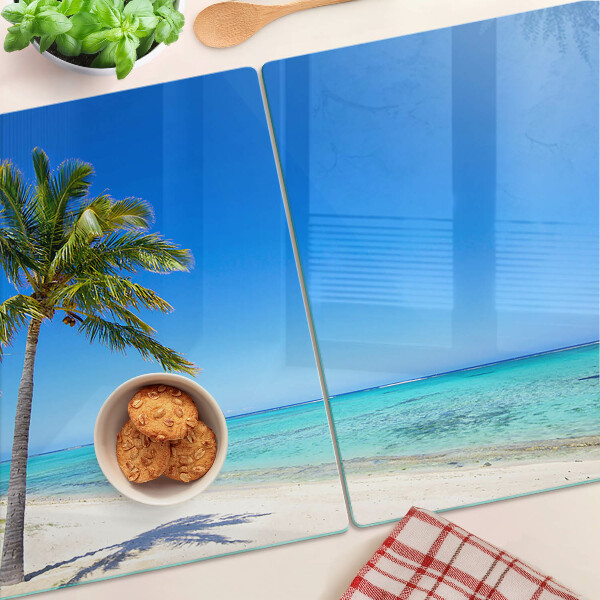 Tagliere in vetro temperato con stampa della spiaggia con palma