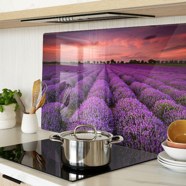Tagliere in vetro temperato con stampa raffigurante un campo di lavanda al tramonto