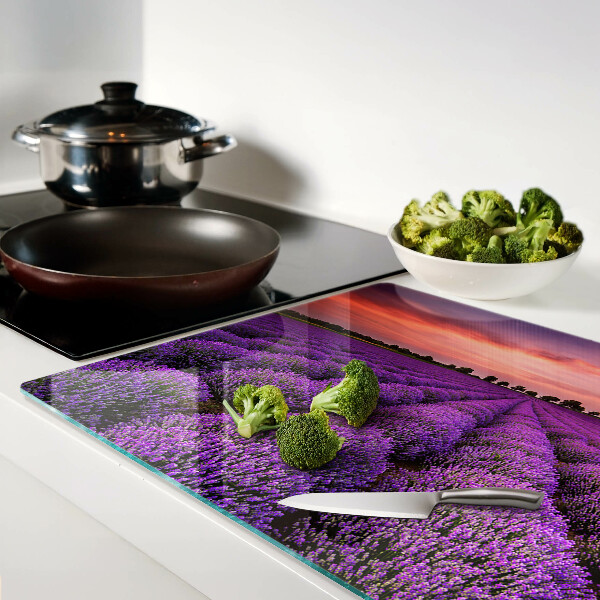 Tagliere in vetro temperato con stampa raffigurante un campo di lavanda al tramonto