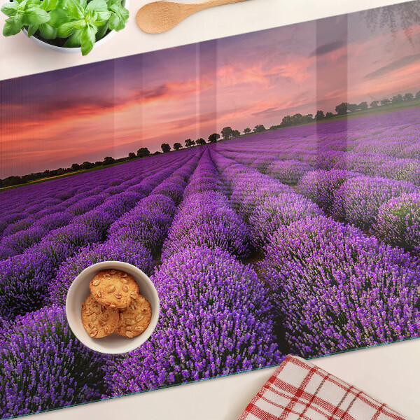 Tagliere in vetro temperato con stampa raffigurante un campo di lavanda al tramonto