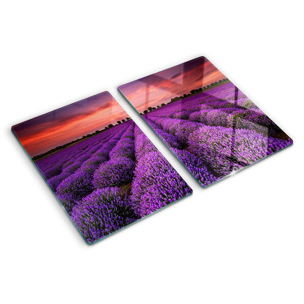 Tagliere in vetro temperato con stampa raffigurante un campo di lavanda al tramonto