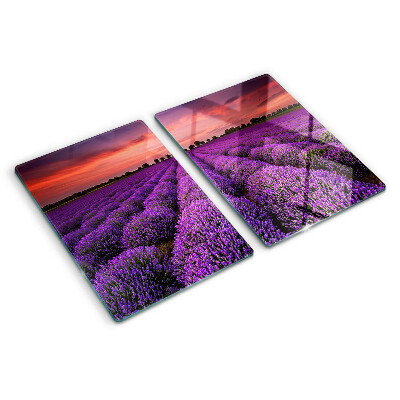 Tagliere in vetro temperato con stampa raffigurante un campo di lavanda al tramonto
