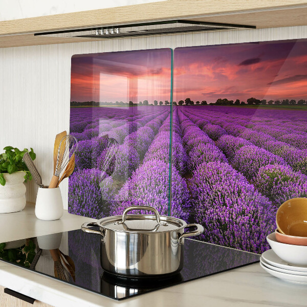 Tagliere in vetro temperato con stampa raffigurante un campo di lavanda al tramonto