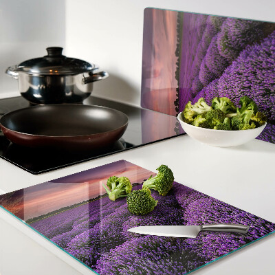 Tagliere in vetro temperato con stampa raffigurante un campo di lavanda al tramonto