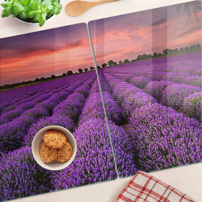 Tagliere in vetro temperato con stampa raffigurante un campo di lavanda al tramonto