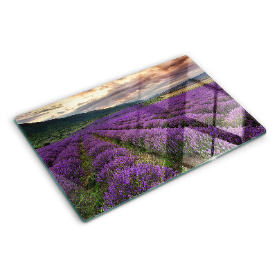Tagliere in vetro temperato con stampa raffigurante un campo di lavanda al tramonto