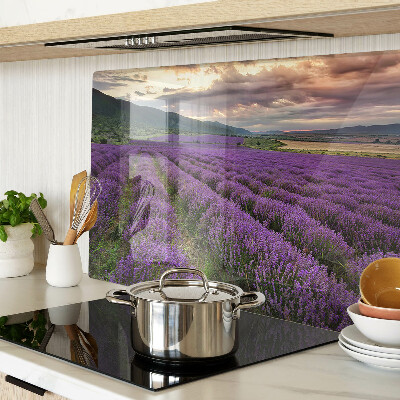 Tagliere in vetro temperato con stampa raffigurante un campo di lavanda al tramonto