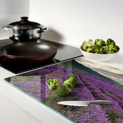 Tagliere in vetro temperato con stampa raffigurante un campo di lavanda al tramonto
