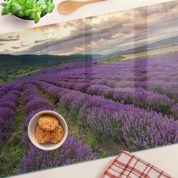 Tagliere in vetro temperato con stampa raffigurante un campo di lavanda al tramonto