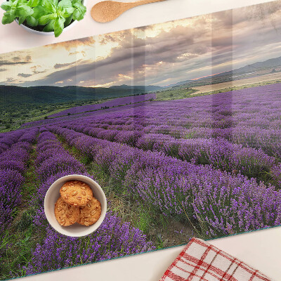 Tagliere in vetro temperato con stampa raffigurante un campo di lavanda al tramonto