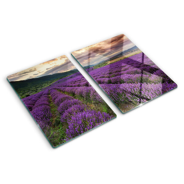 Tagliere in vetro temperato con stampa raffigurante un campo di lavanda al tramonto