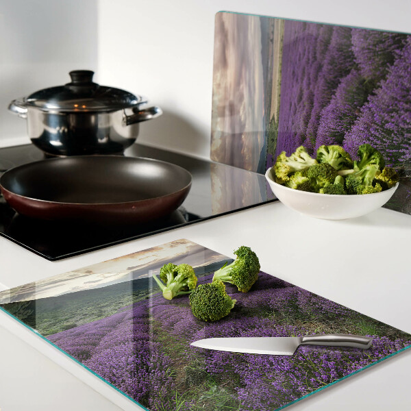 Tagliere in vetro temperato con stampa raffigurante un campo di lavanda al tramonto