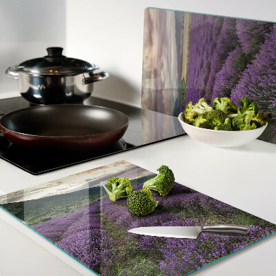 Tagliere in vetro temperato con stampa raffigurante un campo di lavanda al tramonto