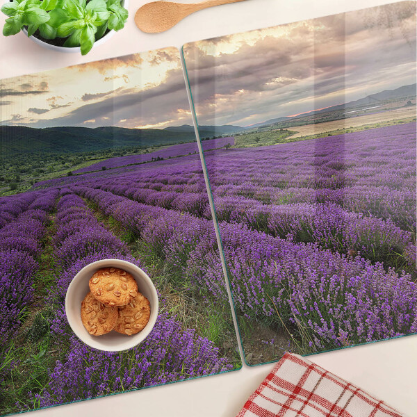 Tagliere in vetro temperato con stampa raffigurante un campo di lavanda al tramonto