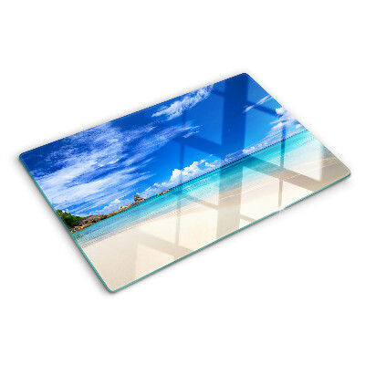 Tagliere in vetro con stampa a tema spiaggia tropicale e cielo azzurro