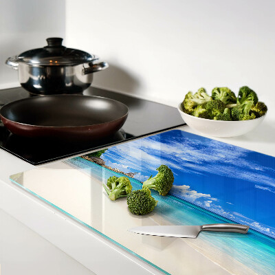 Tagliere in vetro con stampa a tema spiaggia tropicale e cielo azzurro