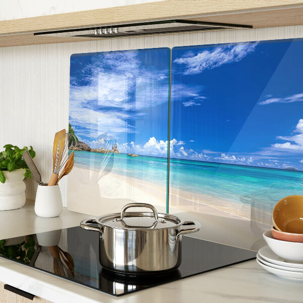 Tagliere in vetro con stampa a tema spiaggia tropicale e cielo azzurro