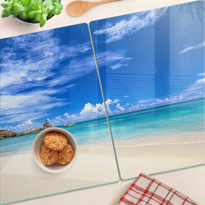 Tagliere in vetro con stampa a tema spiaggia tropicale e cielo azzurro