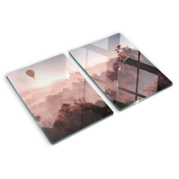 Tagliere in vetro temperato con decorazione a mongolfiera su paesaggio
