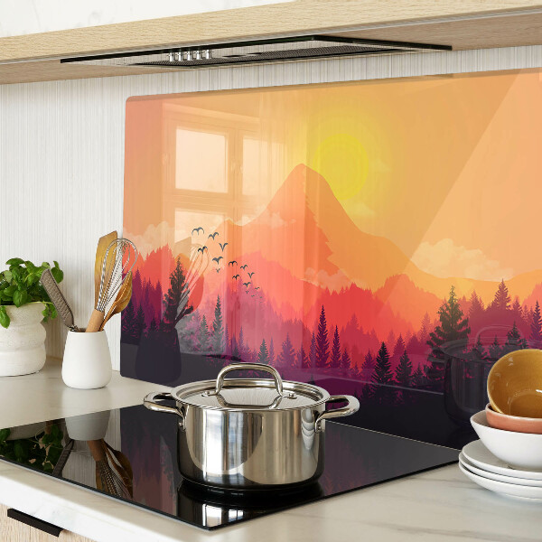 Tagliere in vetro temperato con stampa di un paesaggio montano al tramonto