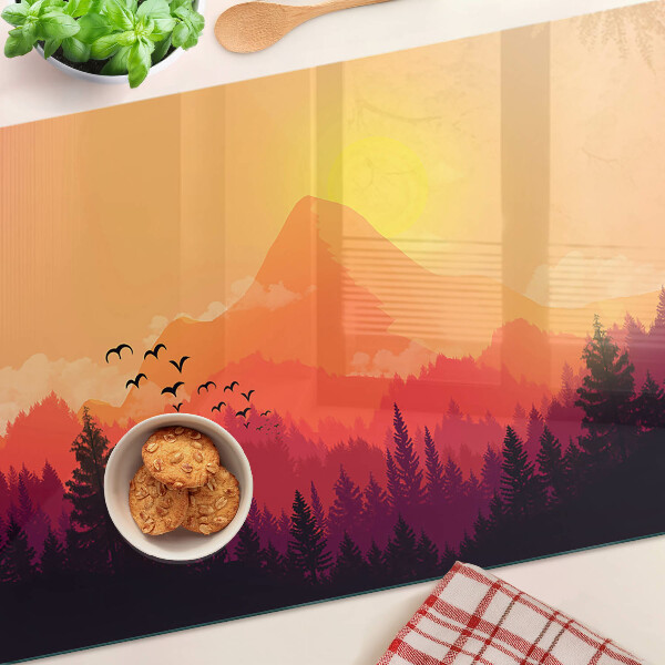 Tagliere in vetro temperato con stampa di un paesaggio montano al tramonto
