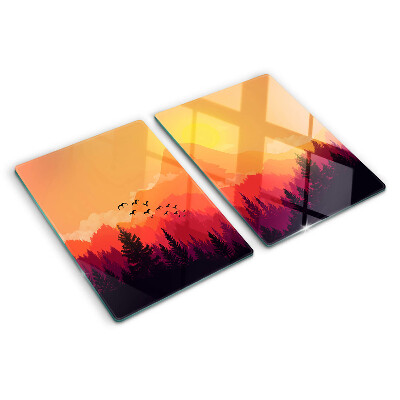 Tagliere in vetro temperato con stampa di un paesaggio montano al tramonto