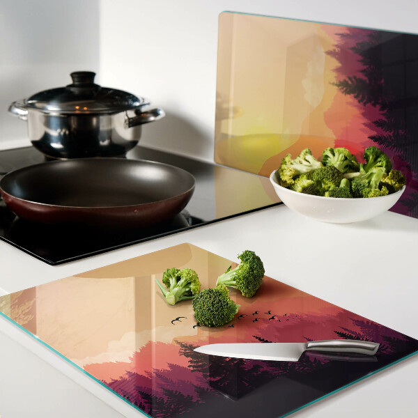 Tagliere in vetro temperato con stampa di un paesaggio montano al tramonto