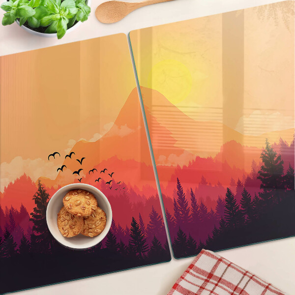 Tagliere in vetro temperato con stampa di un paesaggio montano al tramonto
