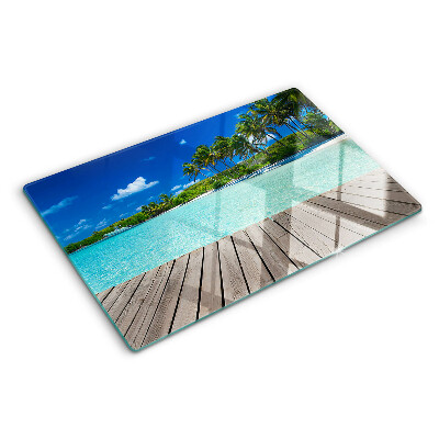 Tagliere in vetro temperato con motivo spiaggia tropicale con palme