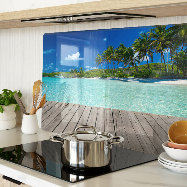 Tagliere in vetro temperato con motivo spiaggia tropicale con palme