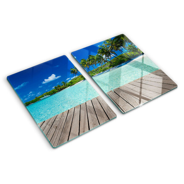 Tagliere in vetro temperato con motivo spiaggia tropicale con palme