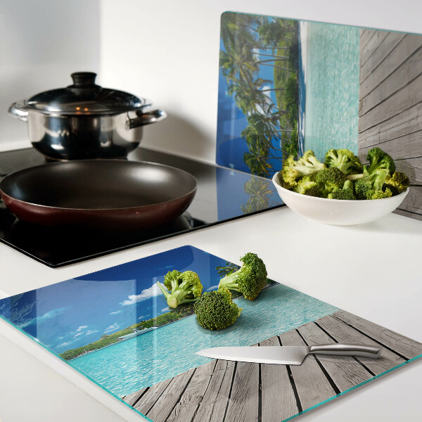 Tagliere in vetro temperato con motivo spiaggia tropicale con palme