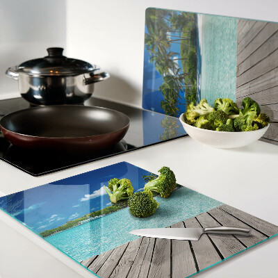 Tagliere in vetro temperato con motivo spiaggia tropicale con palme