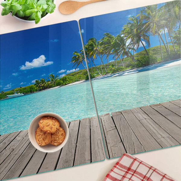 Tagliere in vetro temperato con motivo spiaggia tropicale con palme