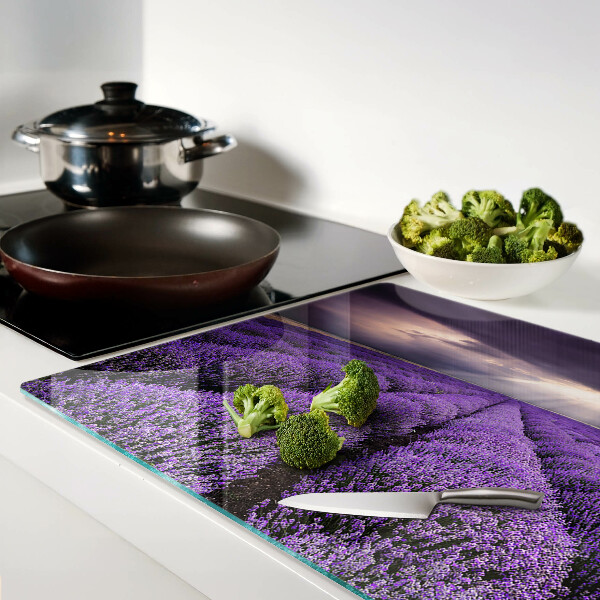 Tagliere in vetro con stampa a motivo campo di lavanda al tramonto