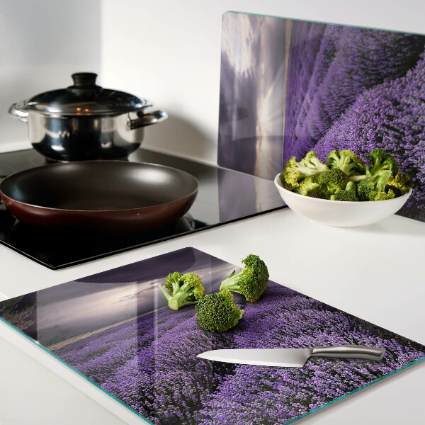 Tagliere in vetro con stampa a motivo campo di lavanda al tramonto