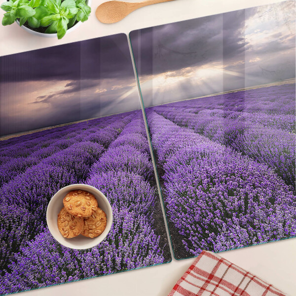 Tagliere in vetro con stampa a motivo campo di lavanda al tramonto