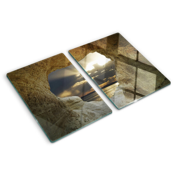 Tagliere in vetro temperato con stampa raffigurante la vista sul mare attraverso una grotta