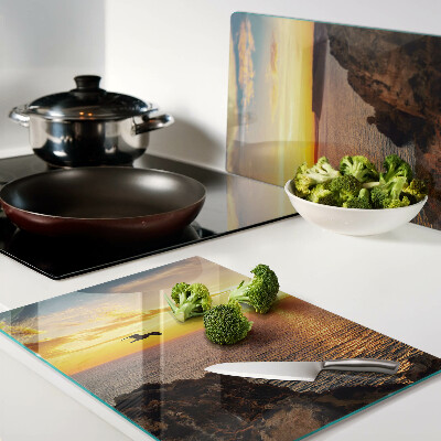Tagliere in vetro temperato con stampa «Tramonto sul mare»