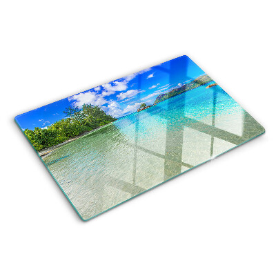 Tagliere in vetro con stampa Spiaggia tropicale e acqua azzurra