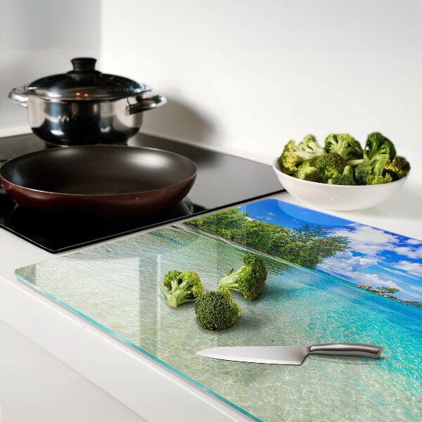 Tagliere in vetro con stampa Spiaggia tropicale e acqua azzurra