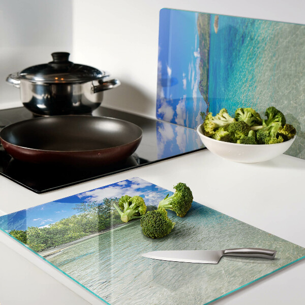 Tagliere in vetro con stampa Spiaggia tropicale e acqua azzurra