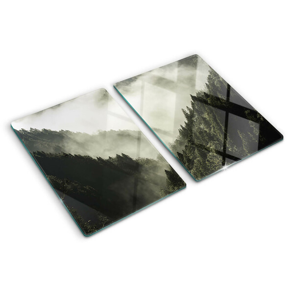 Tagliere in vetro temperato con stampa di un paesaggio montano avvolto nella nebbia