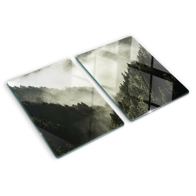 Tagliere in vetro temperato con stampa di un paesaggio montano avvolto nella nebbia
